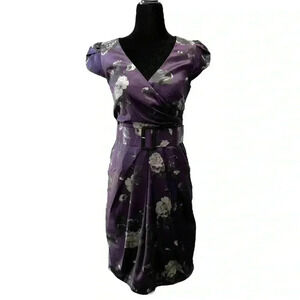 Vintage Wrap Front  Dress Purple Grey Floral Satin Belted Pockets Small